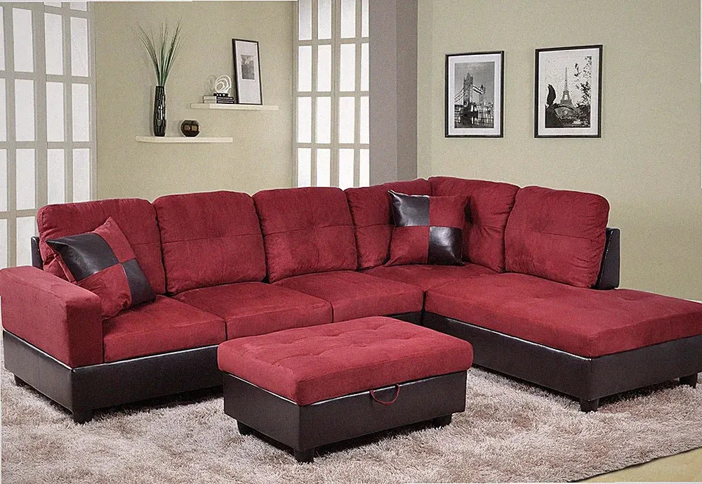 Andes Microfiber with Faux Leather Sofa Set with Ottoman, Red Raspberry