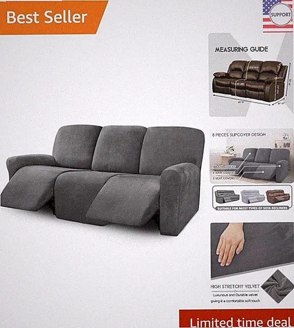 Anti-Slip 3-Seater Recliner Sofa Cover Set - 8 Pieces in Luxurious Velvet