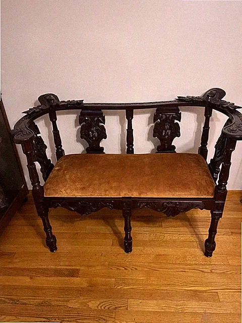Antique 19-Century Italian Renaissance Hand-Carved Upholstered Setee, Sofa