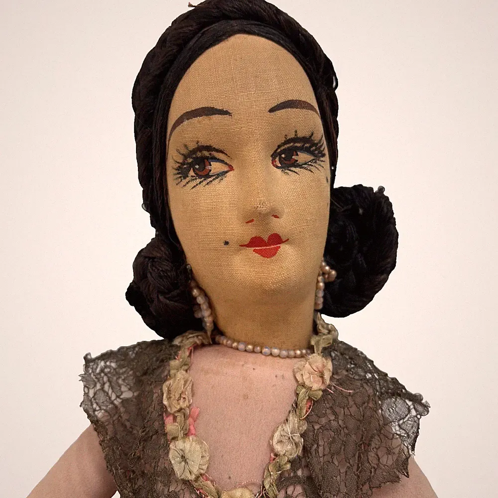 Antique 1920s Art Deco Boudoir Doll 28" Cloth Sofa Bed Flapper Earrings