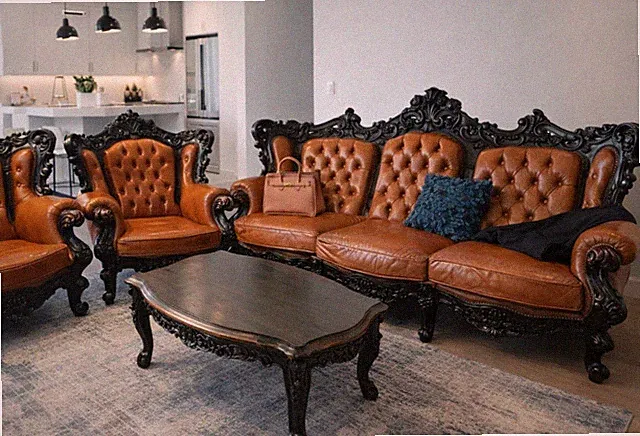 Antique Baroque & Rococo Leather Sofa Set, Ornate Wood Trim, Brown, Seats 5