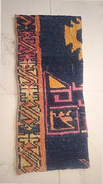Antique Blue Oushak Fragment Rug Piece, Handmade Carpet Decor Fragment
