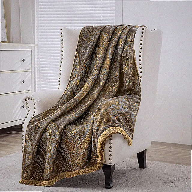 Antique Damask Jacquard Throw Blanket with Fringes - Soft Velvet Lined 52"x72