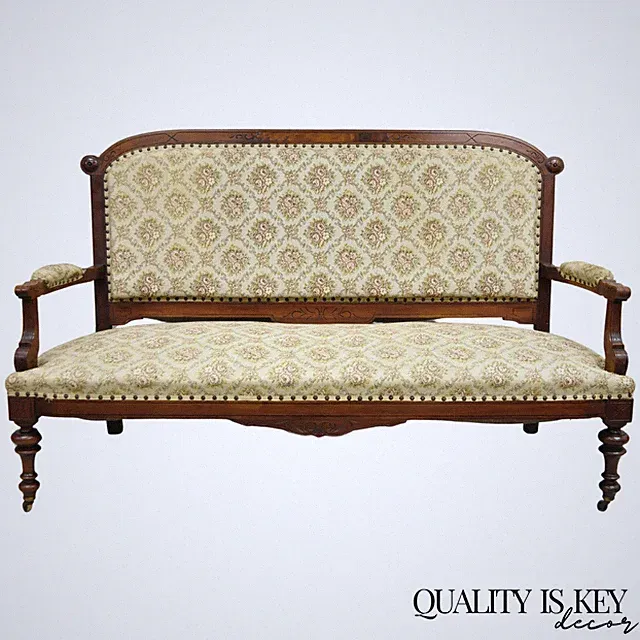 Antique Eastlake Victorian Carved Walnut Floral Upholstered Parlor Sofa Loveseat