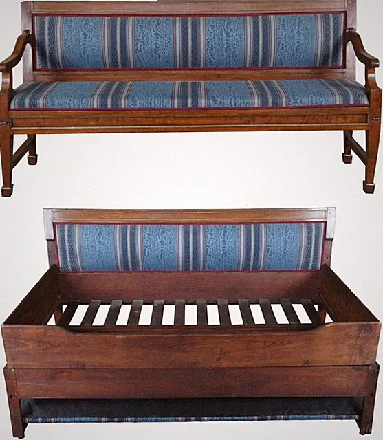 Antique English Regency Mahogany Folding Bench Loveseat Sleeper Sofa Campaign