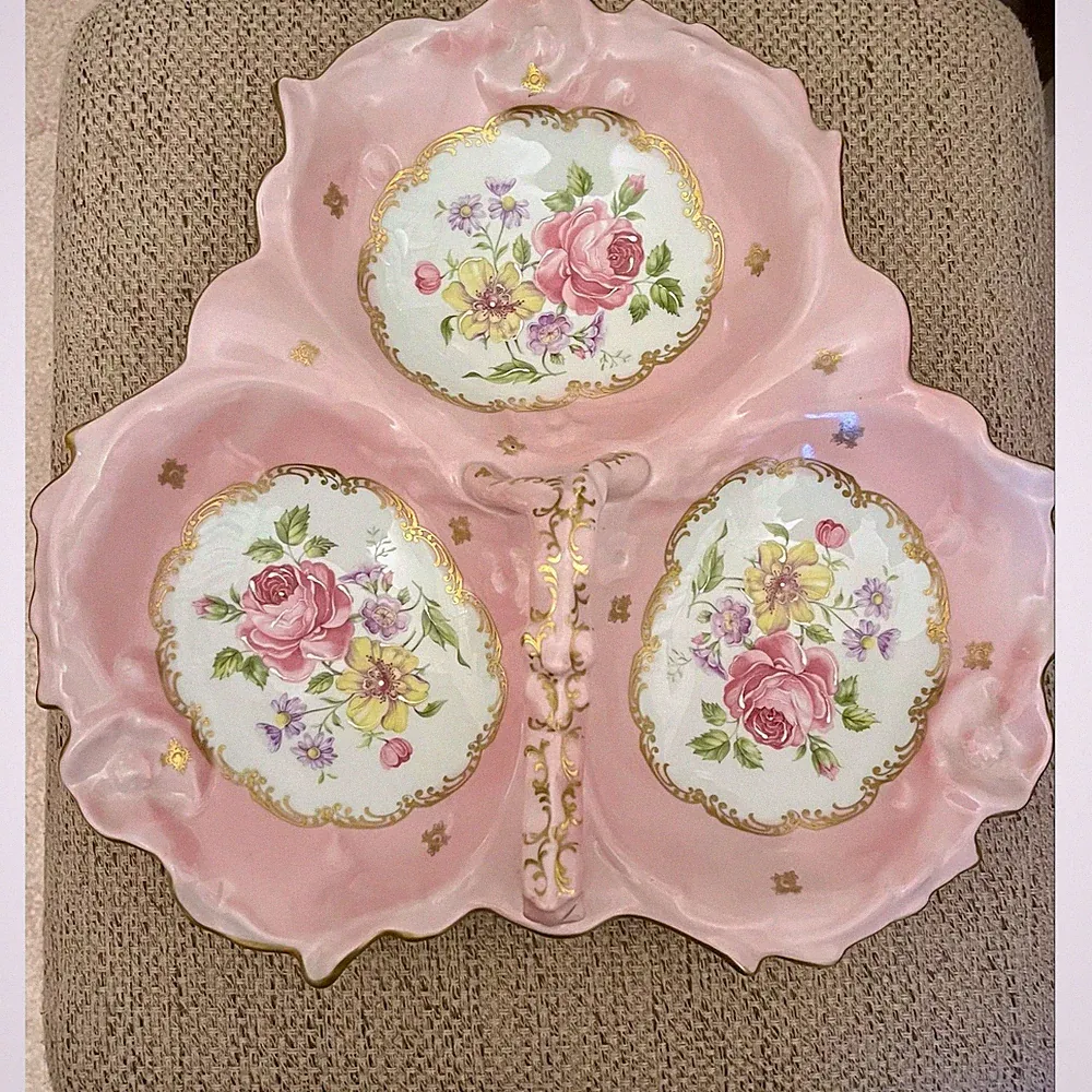 Antique French Porcelain 3-Section Divided Serving Dish Hand Painted Pink Roses
