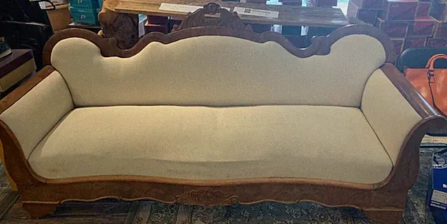 Antique long solid wood couch beige