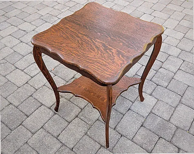 Antique Quarter Sawn Tiger Oak Parlor Table, Curved Legs, Carved Edges