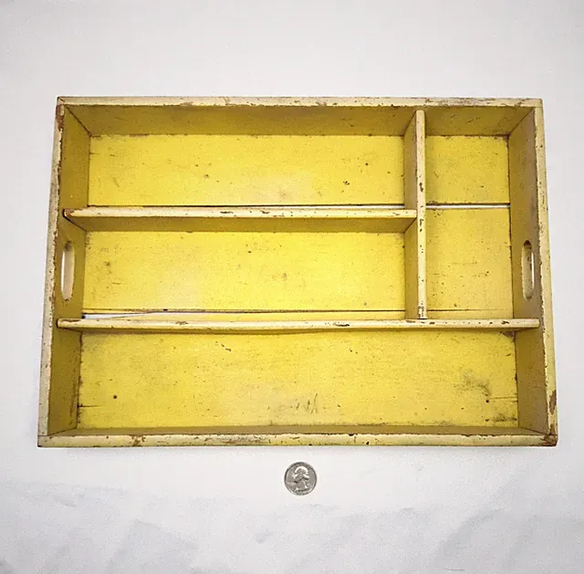 Antique Rustic Wood Cutlery Tray 4 Sections Tongue Groove Yellow 13.75x10x2.1"
