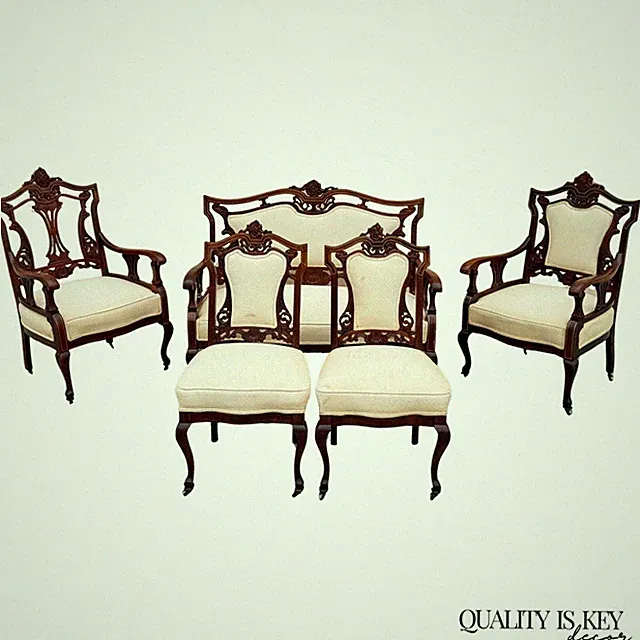 Antique Victorian Carved Mahogany Inlaid Parlor Set Sofa and 4 Chairs - 5 Pcs
