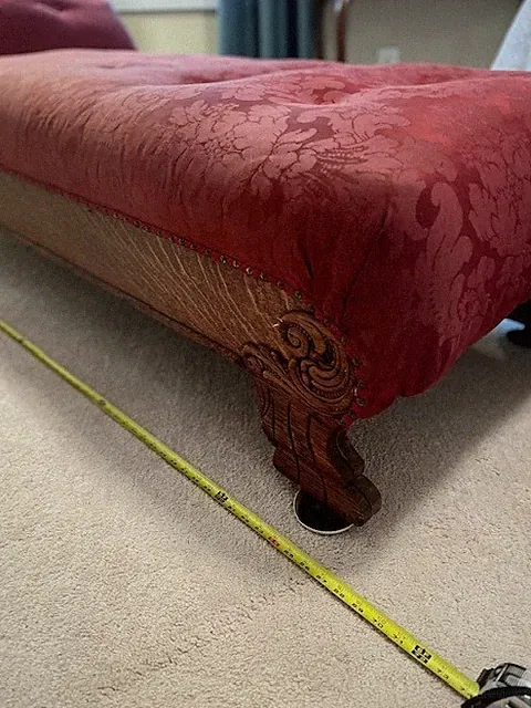 Antique Victorian Oak Fainting Couch Chaise Lounge Carved Oak, Damask Upholstery