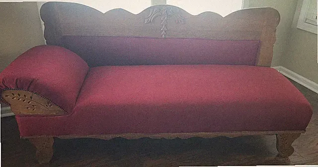 Antique Victorian Oak Fainting Couch Chaise Lounge Carved Oak Velvet Upholstery