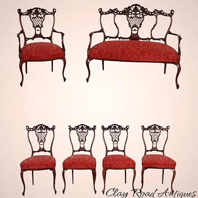 Antique victorian sofa settee parlor set carved chippendale 1890 6pc mahogany