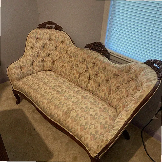 Antique Victorian Tufted Settee High Back Floral Upholstery Ornate Wood Sofa