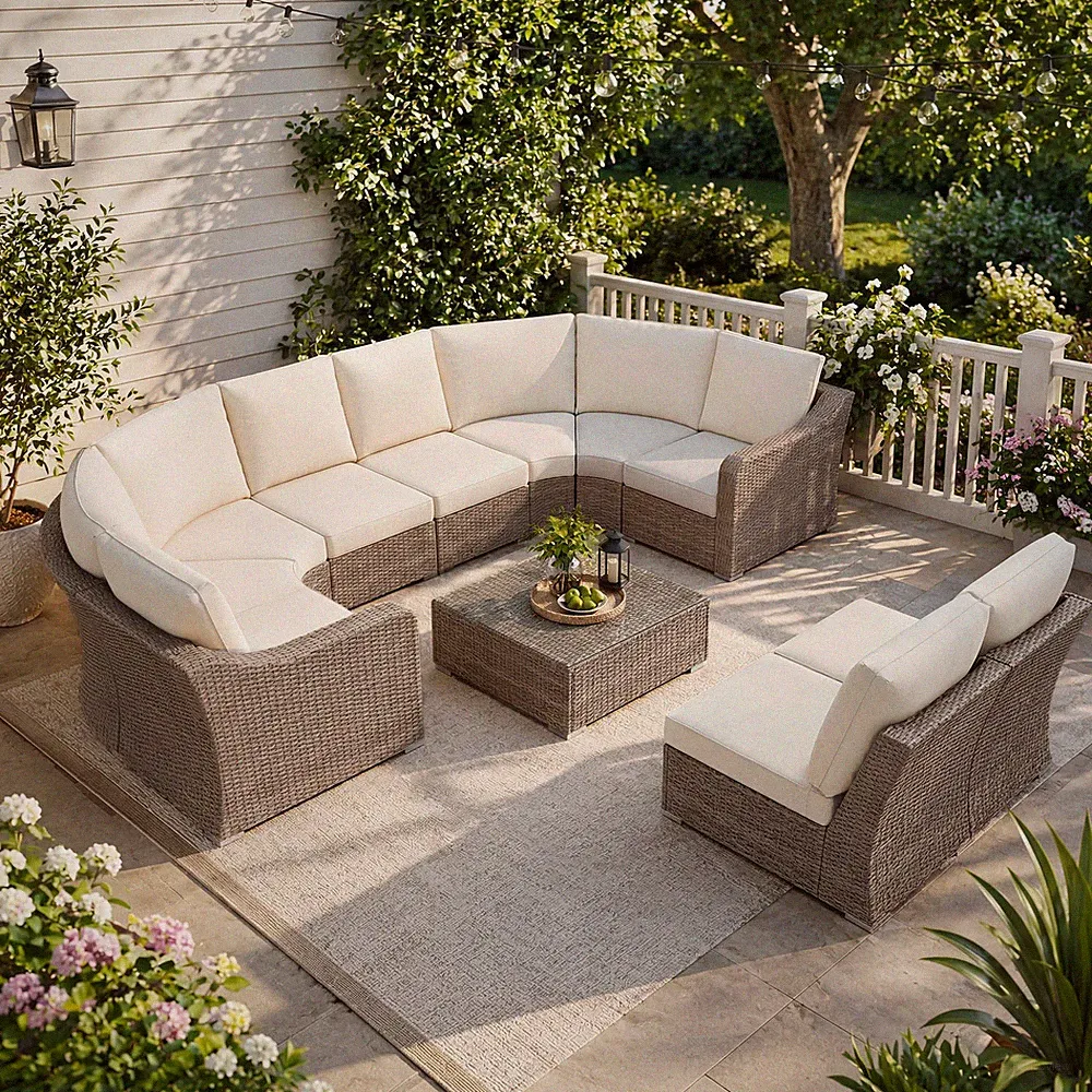 Aoodor Patio Sectional Sofa Furniture Set Wicker Modular Corner Couch , Beige