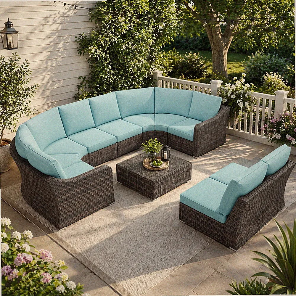 Aoodor Patio Sectional Sofa Furniture Set Wicker Modular Corner Couch , Blue