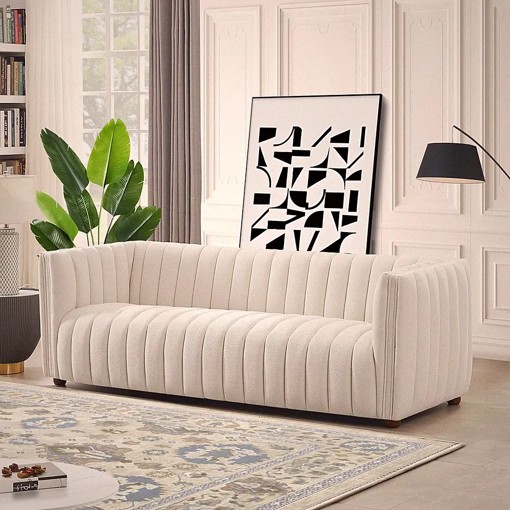 April Mid-Century Modern Luxury Tight Back Beige Boucle Sofa