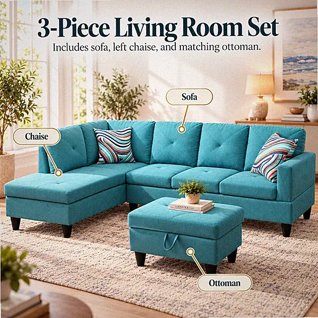 Aqua Blue Linen 3-Piece Living Room Sofa Set