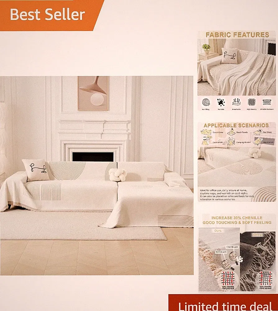 Arc Beige Chenille 2-Piece Couch Covers for L Shape Sofa - Easy Care & Install