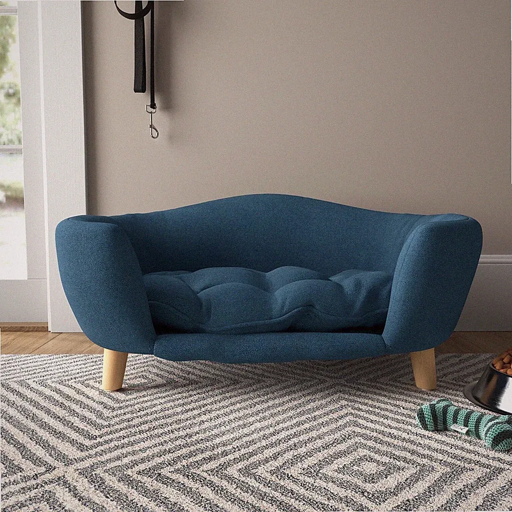Archie Plush Dog Cat Elevated Sofa Bed Memory Foam Cushion Birch Wood Frame Blue