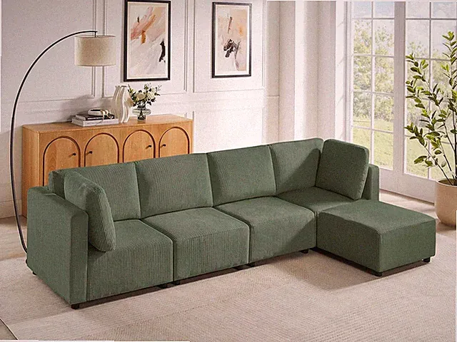 Arcrinet Cloud Modular Sectional Sofa 5-Piece Green Corduroy Upholstered Chaise