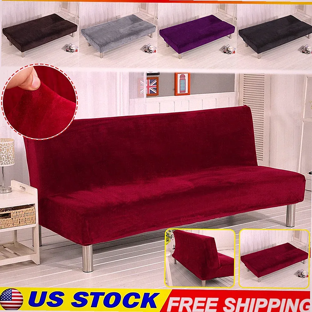 Armless Sofa Bed Cover Velvet Futon Slipcover Stretch Sofa Protective Cover
