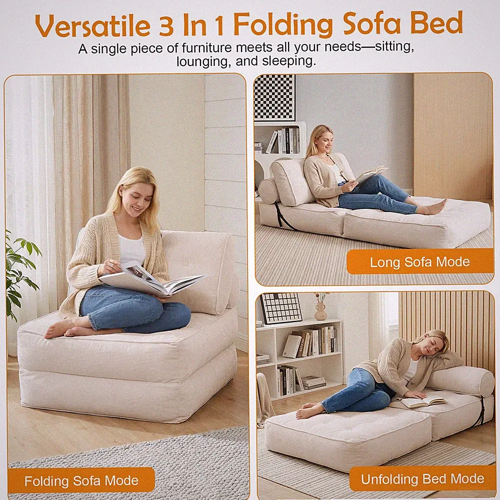 Armless Sofa Bed Single Sleeper Chair Odor-free Corduroy w/ Dual-Pillow Washable