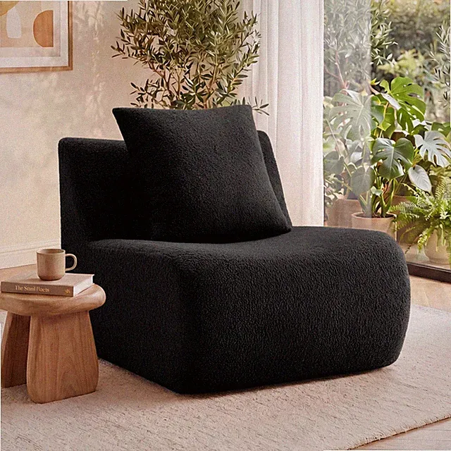 Armless Sofa with Pillow Teddy Fabric Black 1 Seat