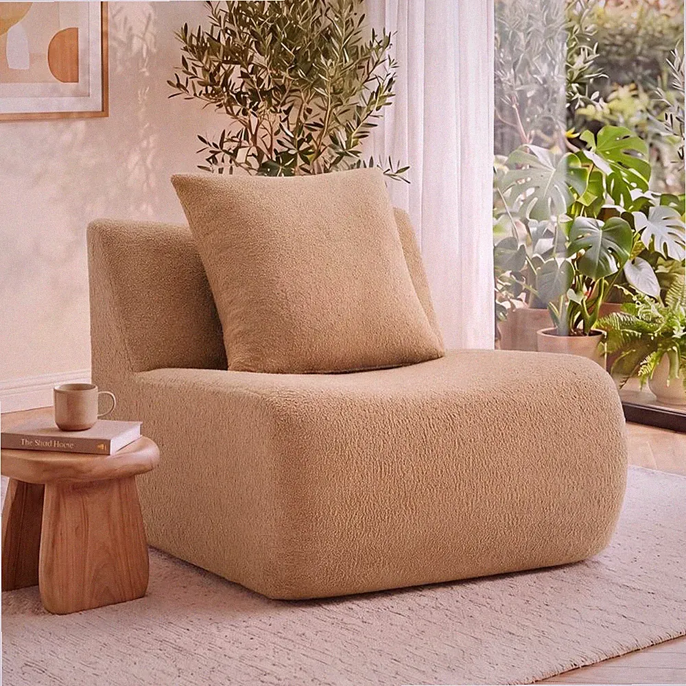Armless Sofa with Pillow Teddy Fabric Camel Modular Sectional