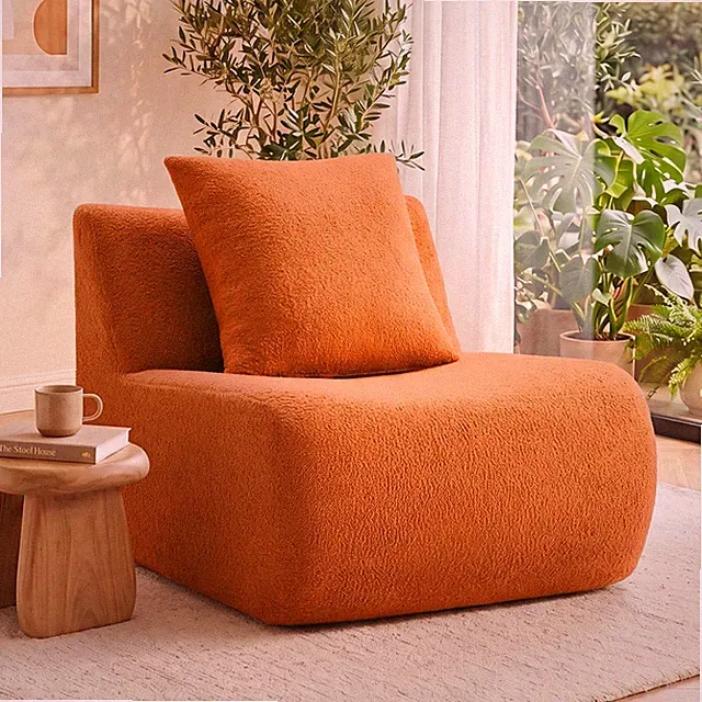 Armless Sofa with Pillow Teddy Fabric Orange 1 Seat