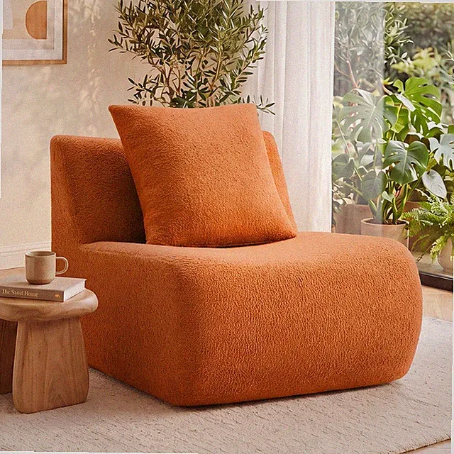 Armless Sofa with Pillow Teddy Fabric Orange 1 Seat