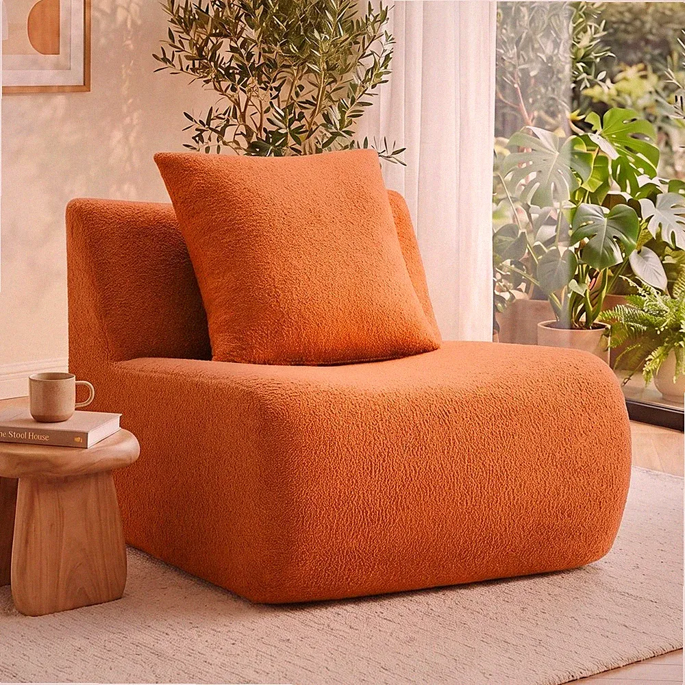 Armless Sofa with Pillow Teddy Fabric Orange Couch Living Room