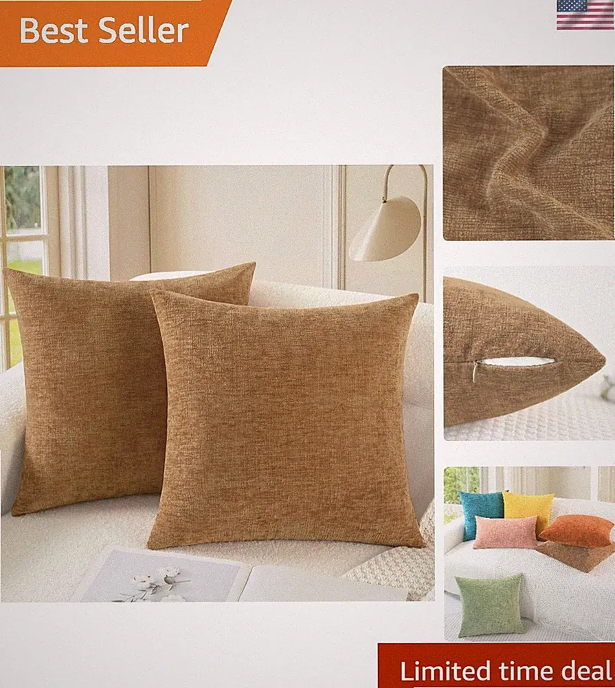 Art Deco Apricot Brown Chenille Throws 18x18, Cozy 2-Pack for Sofa Lifestyle
