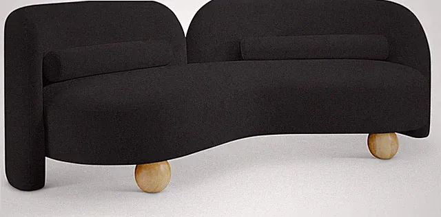 Art Deco Black Chenille Sofa - Solid Wood Frame & Legs, 89" W