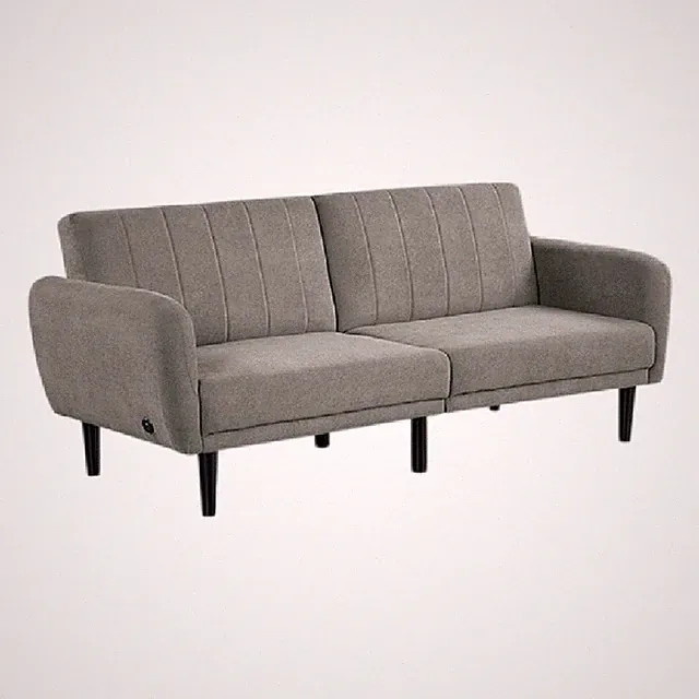 Arz Fold Out Futon Sofa Bed- Light Gray- Retro Channel Tufted Back