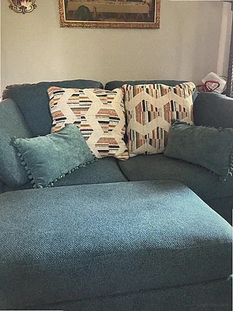 Ashley Furniture Blue Polyester Sofa w/ Chaise, Cushions, 51-60x35+ in