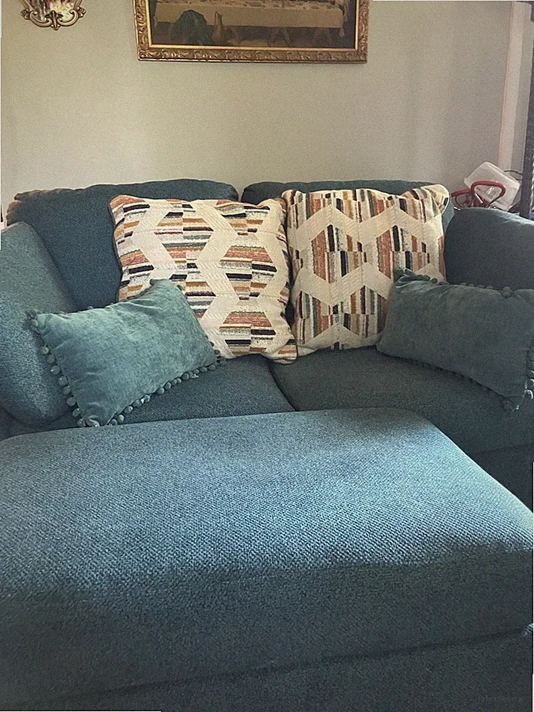 Ashley Furniture Blue Polyester Sofa w/ Chaise, Cushions, 64x35x30 in