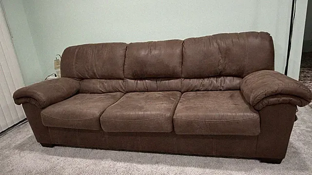 Ashley Furniture Brown Faux Leather Sofa, Pad Arms, 3-Seater
