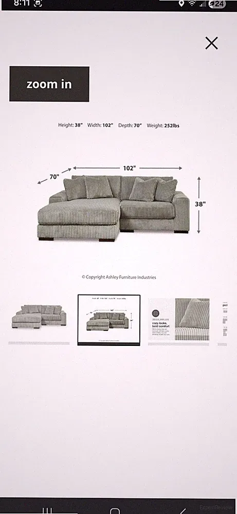 Ashley Furniture Gray Jumbo Cord Sectional Sofa with Chaise, Plush, 38x102x70 in