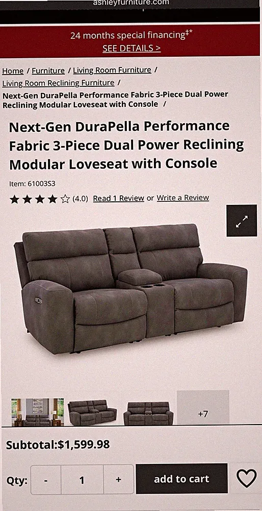 Ashley Furniture Next-Gen DuraPella Dual Power Reclining Console Loveseat Gray