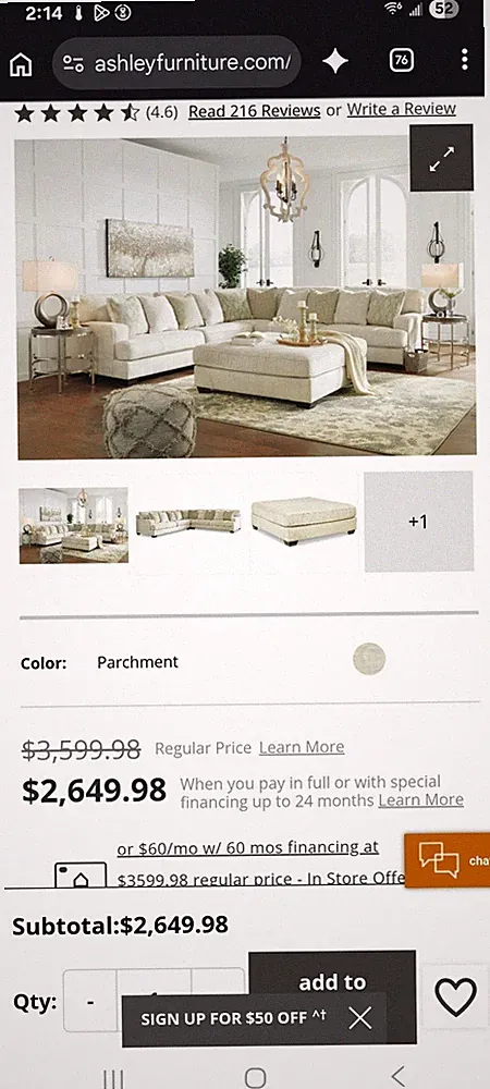 Ashley Furniture Rawclife Parchment Velvet Sectional Sofa &Cushions 130x44x32 in