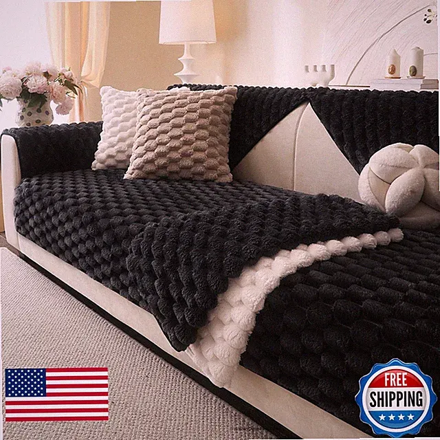 Aucrovee Soft Plush Faux Fur Couch Cover 36"x82" Black for 3 Cushion