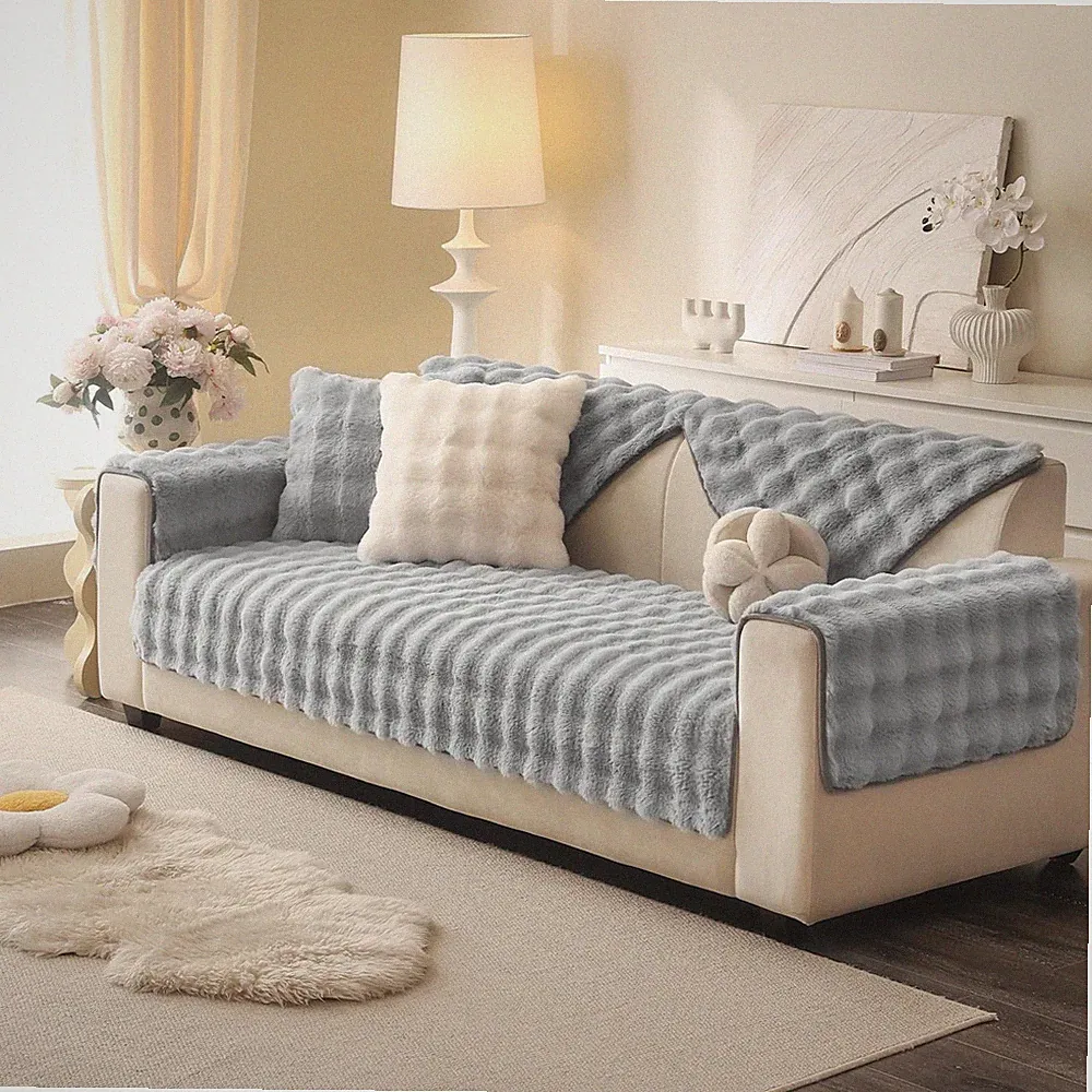 Aucrovee Soft Plush Faux Fur Couch Cover, Thick Warm Fuzzy Sectional Sofa