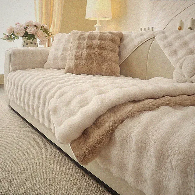 Aucrovee Soft Plush Faux Fur Couch Cover Thick Warm Fuzzy Sectional Sofa Cover 3