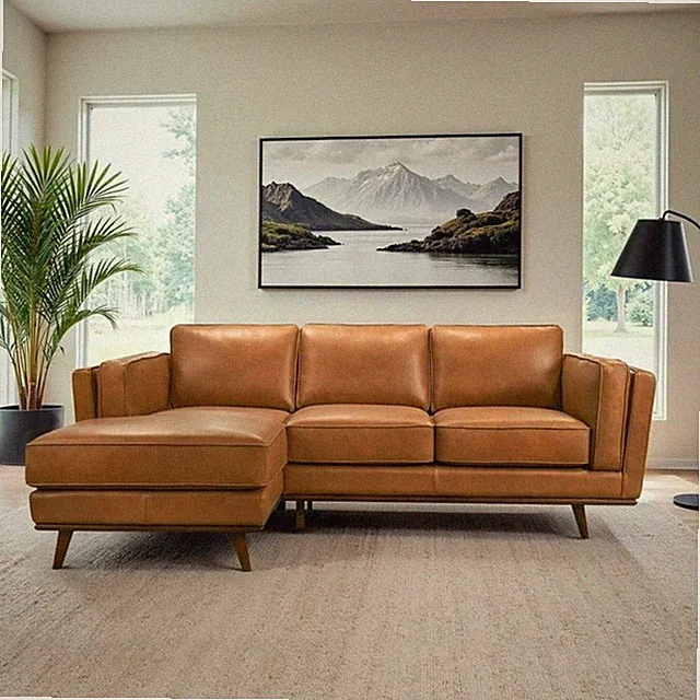 Augusta Mid Century Style Living Room Tan Genuine Leather Left Sectional Couch