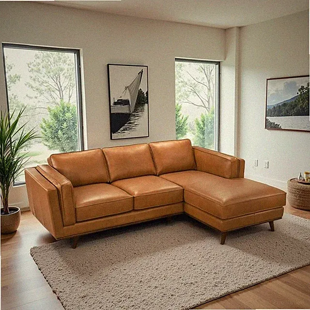 Augusta Mid Century Style Living Room Tan Genuine Leather Right Sectional Couch