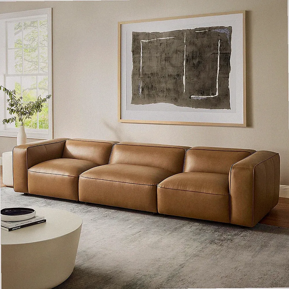 Auren Vegan Leather 3 Piece Modular Sofa in Camel - Faux Leather 3 Seater Couch