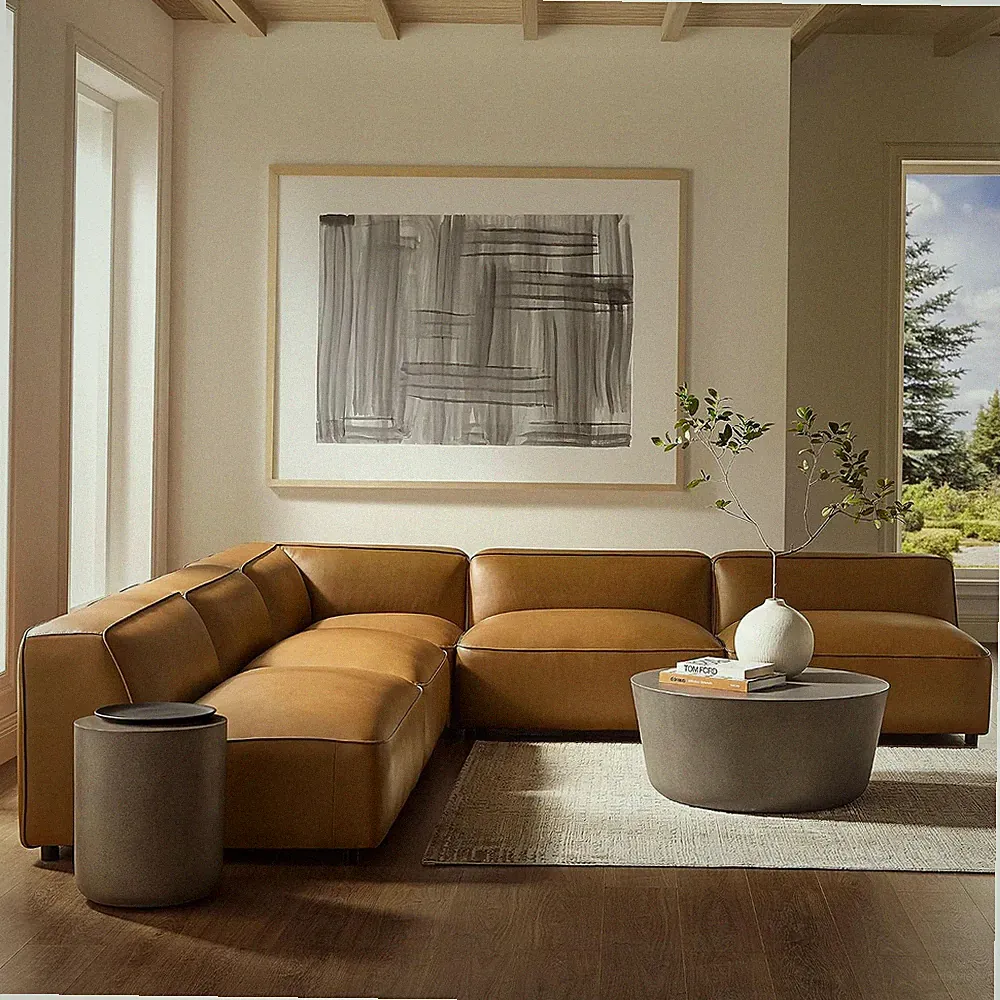Auren Vegan Leather 5 Piece Armless Modular Sofa in Camel - Faux Leather L Shape