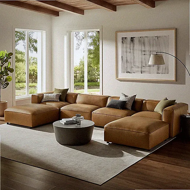 Auren Vegan Leather 6 Piece Modular Sofa in Camel - Faux Leather 4 Seater Sectio