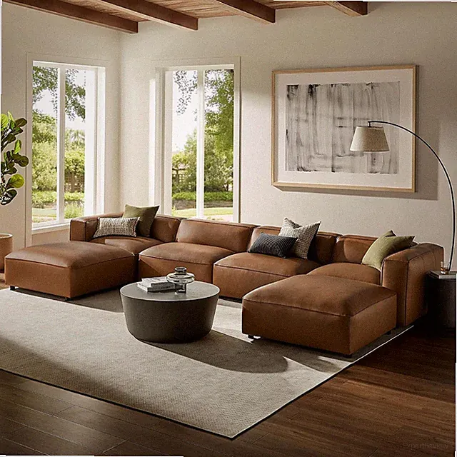 Auren Vegan Leather 6 Piece Modular Sofa in Coffee - Faux Leather 4 Seater Secti